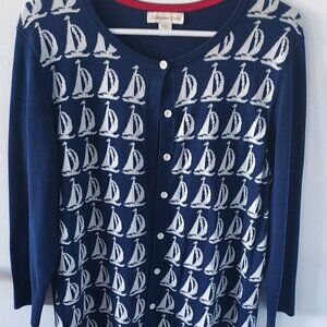 Blue and white sailboat print cardigan sweater